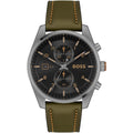 Hugo Boss Sky Traveller 1514148 Silver Case Black Dial Green Leather Men's Watch