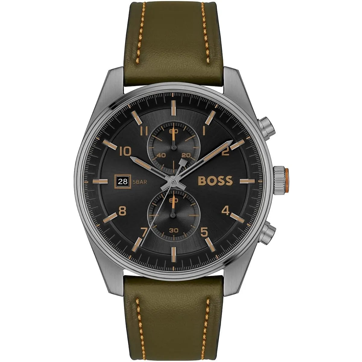Hugo Boss Sky Traveller 1514148 Silver Case Black Dial Green Leather Men's Watch