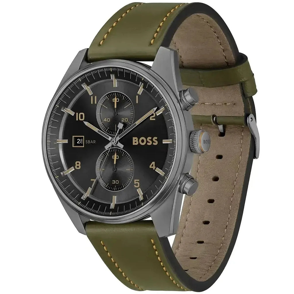 Hugo Boss Sky Traveller 1514148 Silver Case Black Dial Green Leather Men's Watch