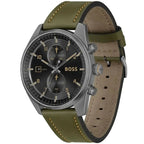 Hugo Boss Sky Traveller 1514148 Silver Case Black Dial Green Leather Men's Watch