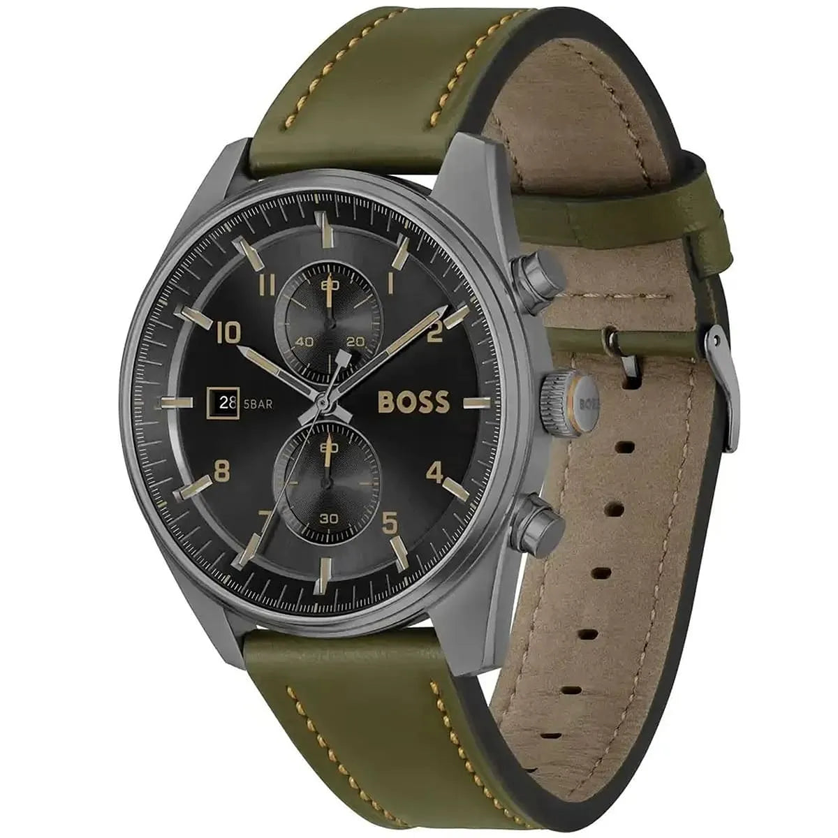 Hugo Boss Sky Traveller 1514148 Silver Case Black Dial Green Leather Men's Watch