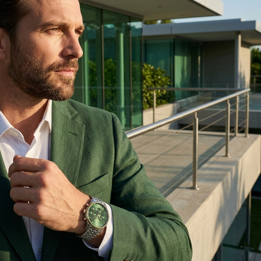 Hugo Boss Avery 1514159 Silver Gold Case Green Dial Silver Metal Men's Watch