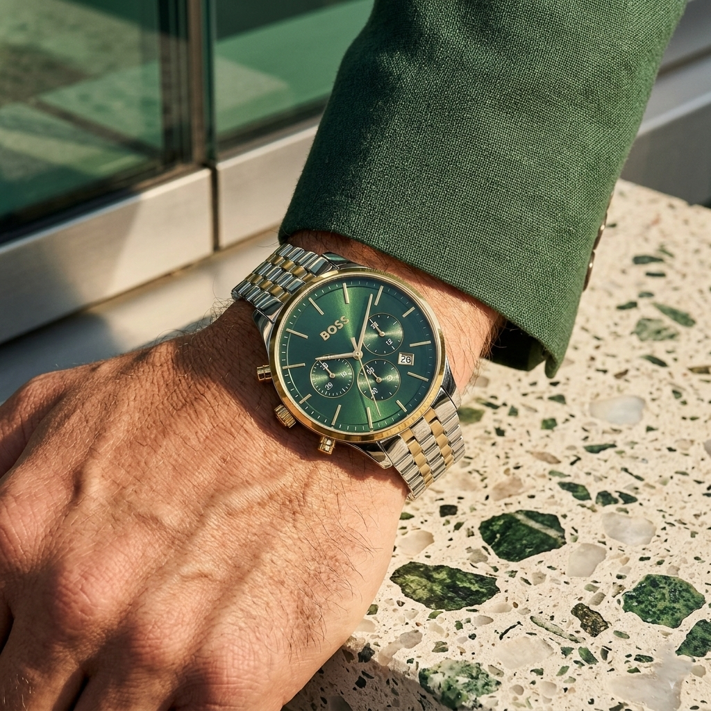 Hugo Boss Avery 1514159 Silver Gold Case Green Dial Silver Metal Men's Watch