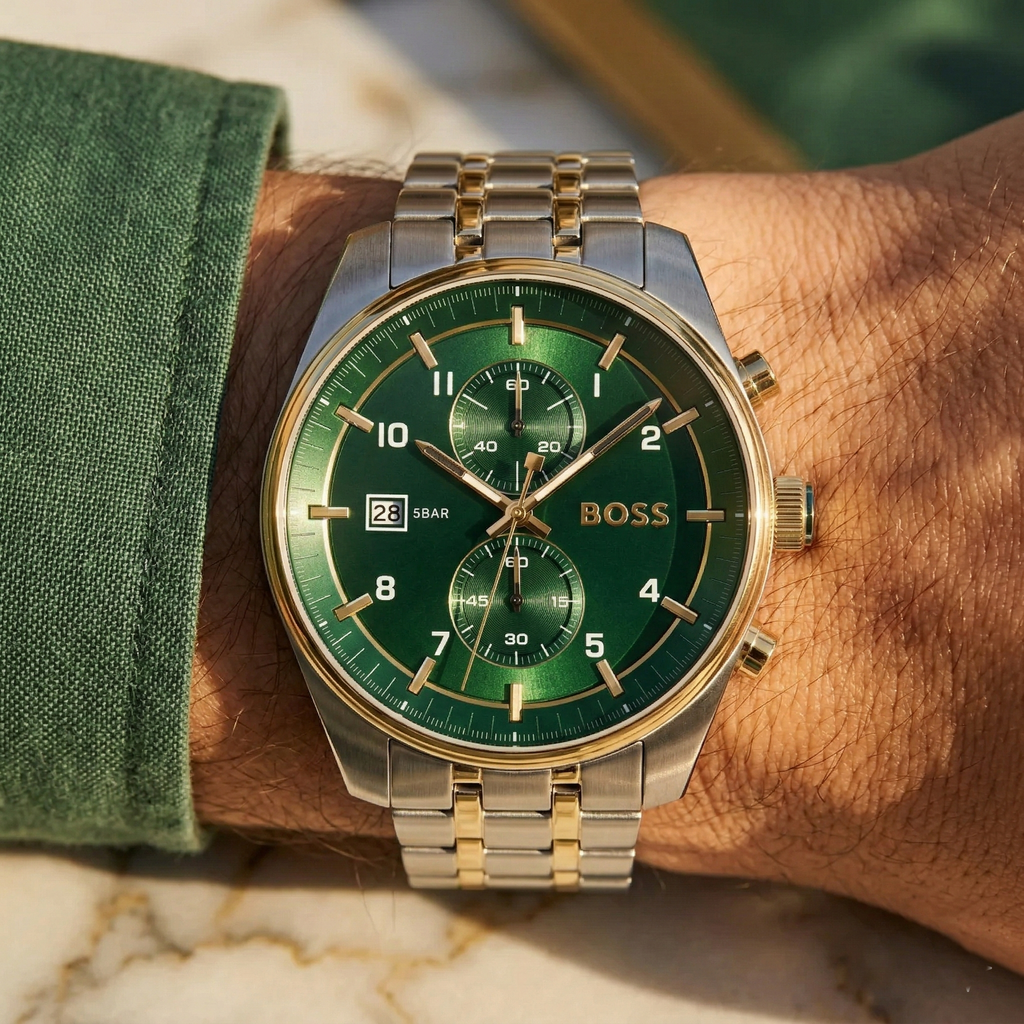 Hugo Boss Sky Traveller 1514195 Silver Gold Case Green Dial Silver Metal Men's Watch