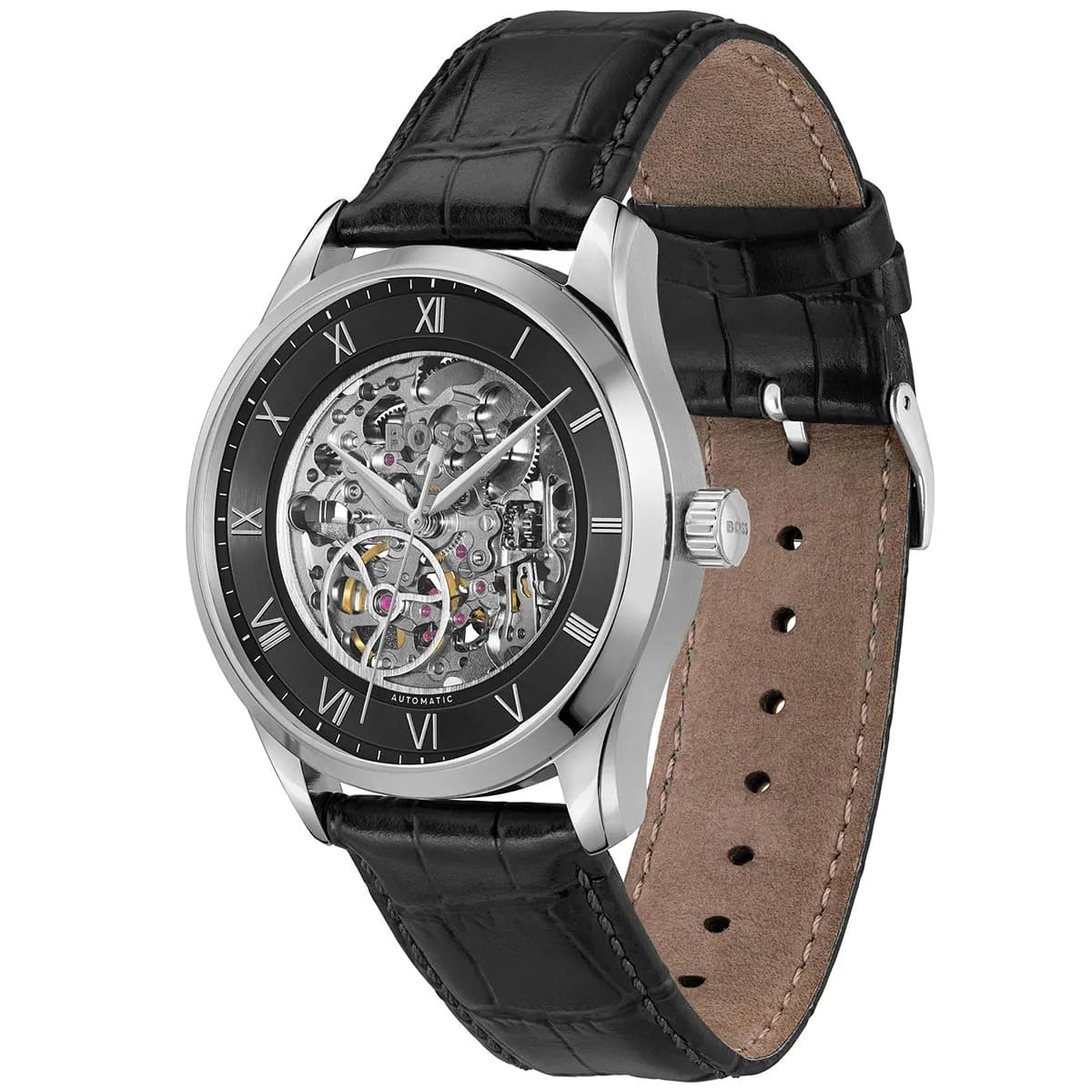 Hugo Boss Principe 1514234 Silver Case Black Skeleton Automatic Men's Watch