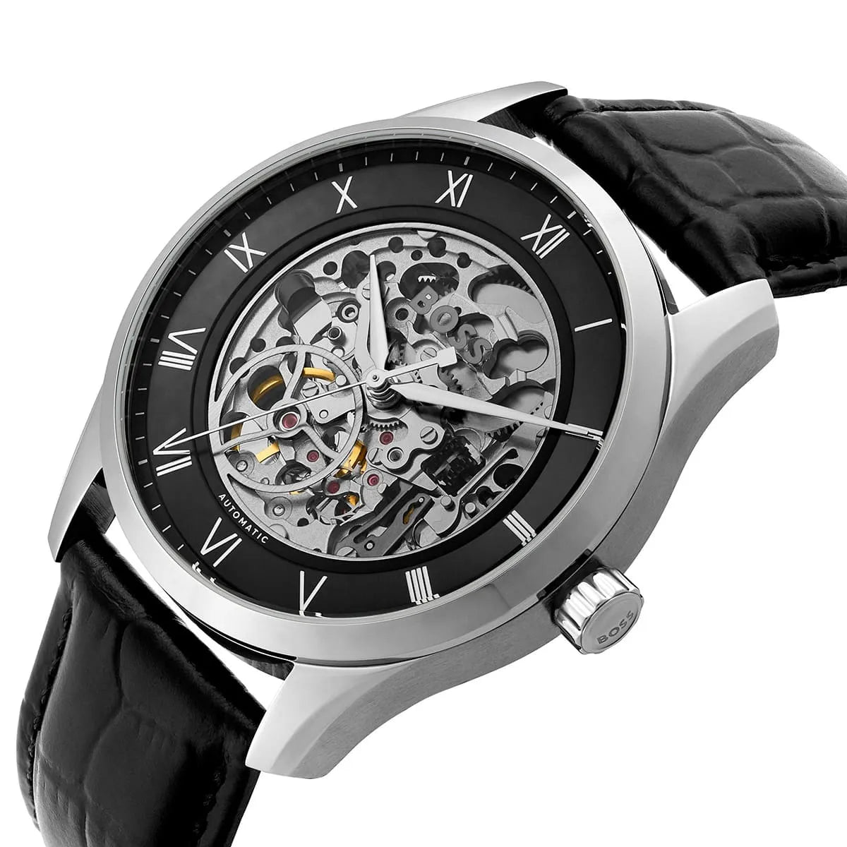 Hugo Boss Principe 1514234 Silver Case Black Skeleton Automatic Men's Watch