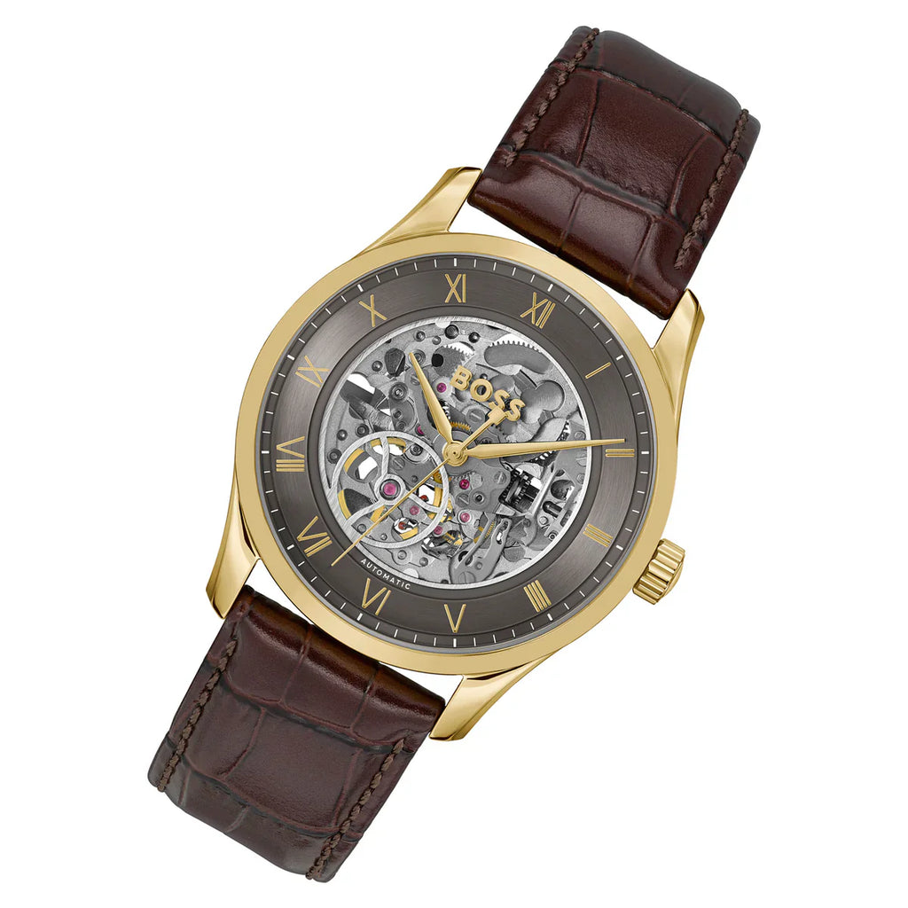 Hugo Boss Principe 1514235 Gold Case Dark Grey Skeleton Automatic Men's Watch