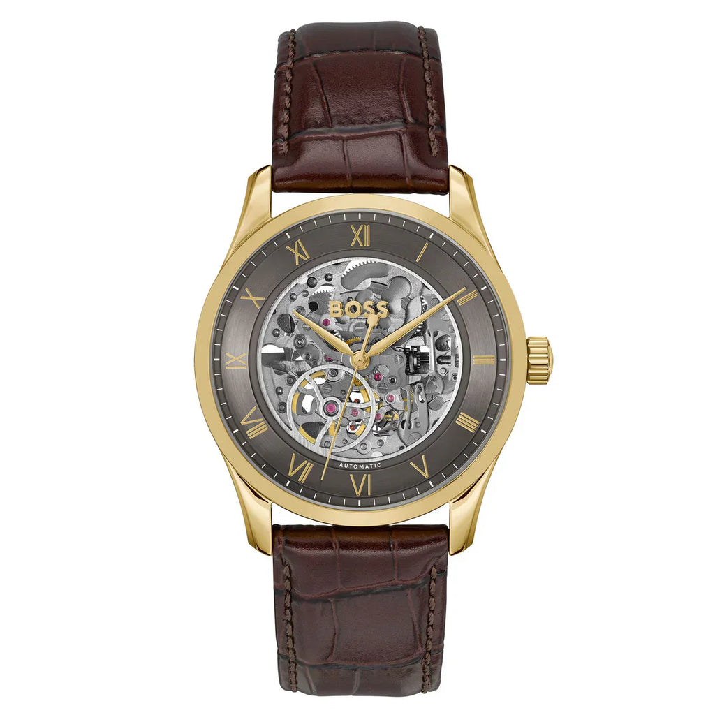 Hugo Boss Principe 1514235 Gold Case Dark Grey Skeleton Automatic Men's Watch