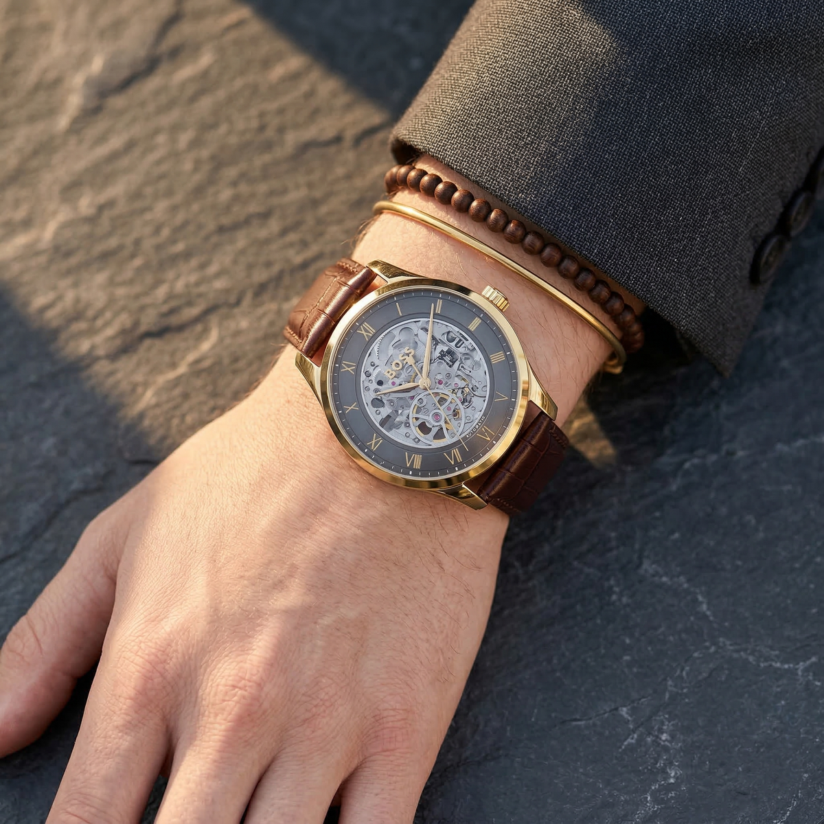 Hugo Boss Principe 1514235 Gold Case Dark Grey Skeleton Automatic Men's Watch