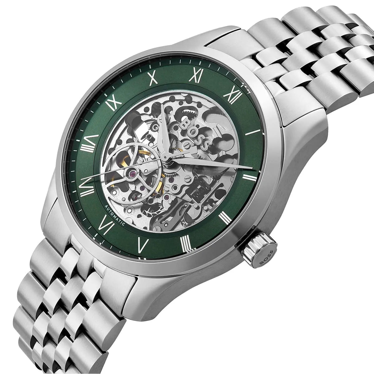 Hugo Boss Principle 1514236 Automatic Skeleton Green Dial Silver Stainless Steel Men's Watch