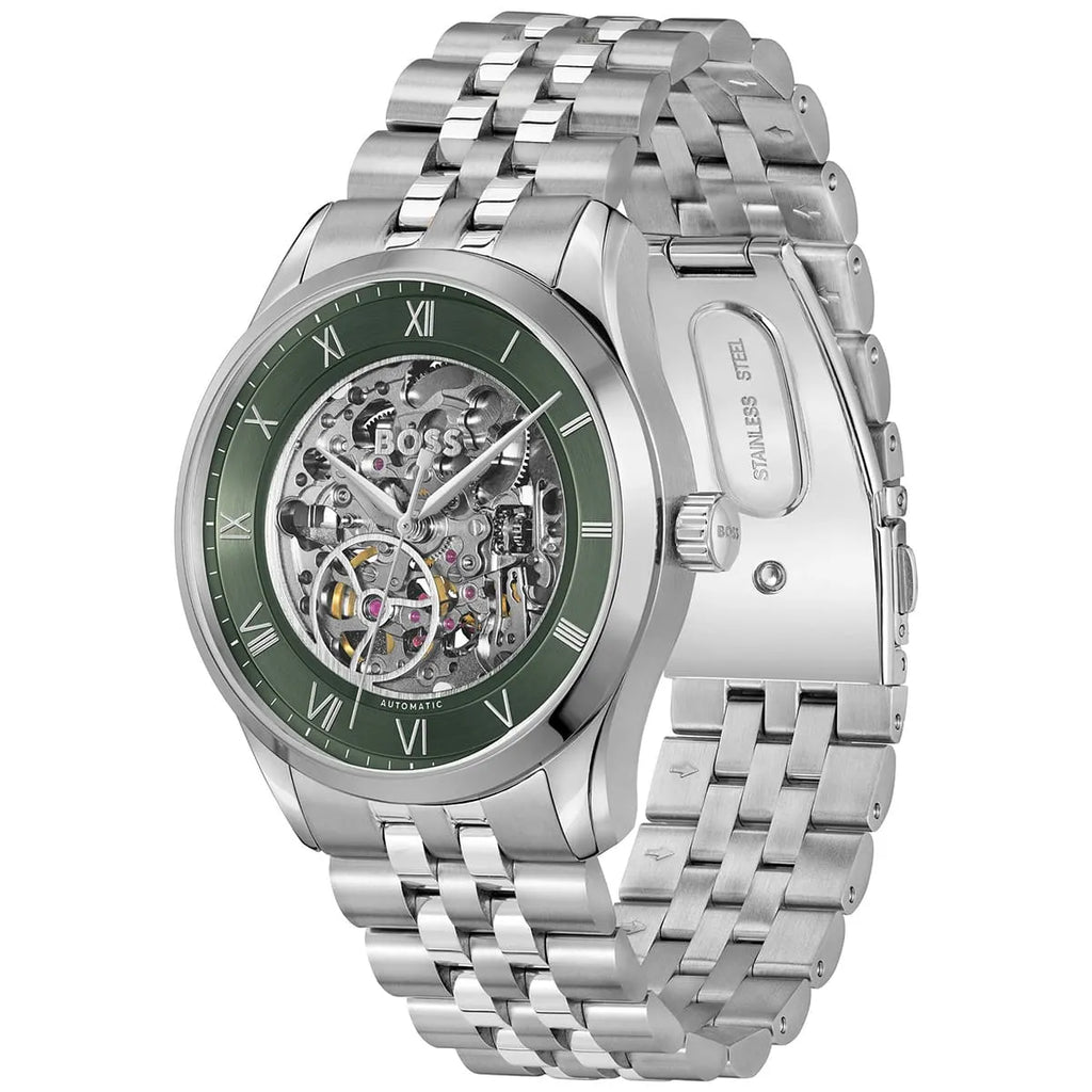 Hugo Boss Principle 1514236 Automatic Skeleton Green Dial Silver Stainless Steel Men's Watch