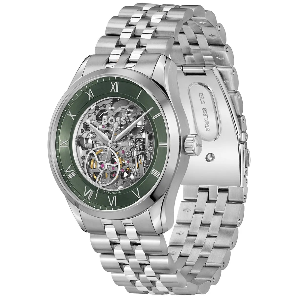 Hugo Boss Principle 1514236 Automatic Skeleton Green Dial Silver Stainless Steel Men's Watch