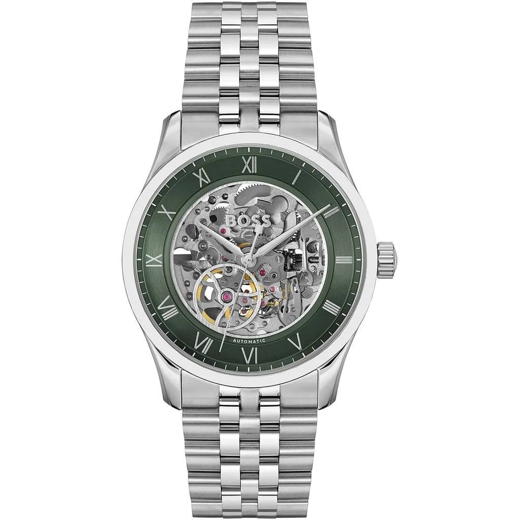 Hugo Boss Principle 1514236 Automatic Skeleton Green Dial Silver Stainless Steel Men's Watch