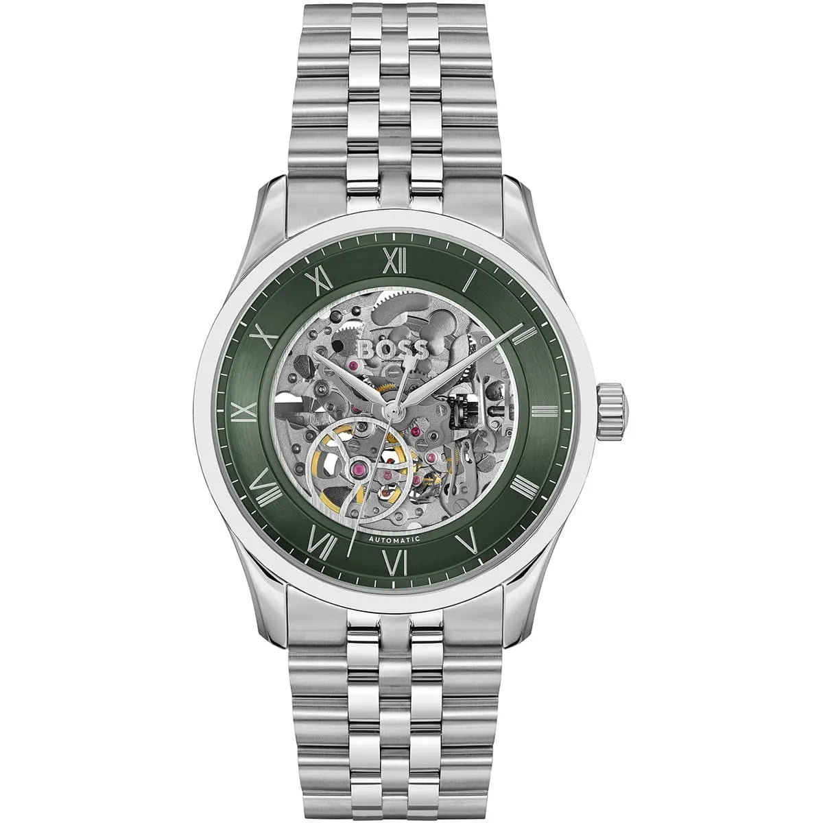 Hugo Boss Principle 1514236 Automatic Skeleton Green Dial Silver Stainless Steel Men's Watch
