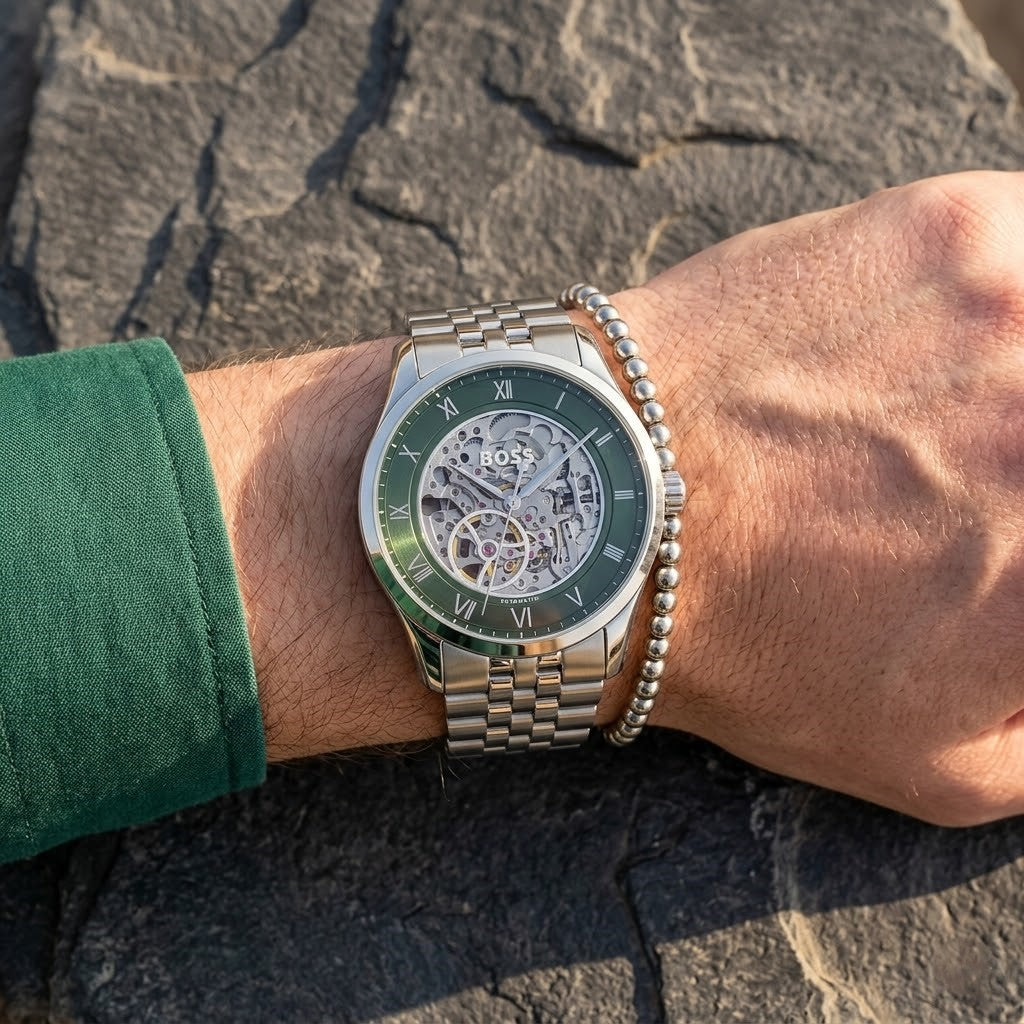 Hugo Boss Principle 1514236 Automatic Skeleton Green Dial Silver Stainless Steel Men's Watch