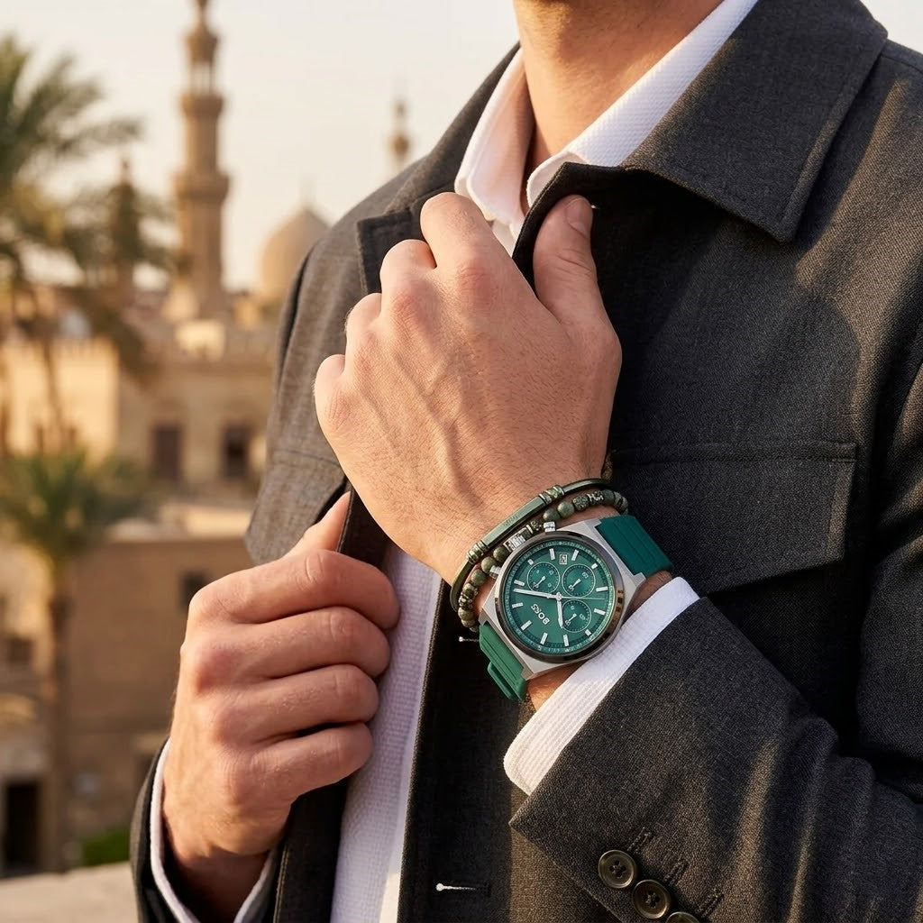 ساعة هوغو بوس كاندور 1514244 كرونوغراف للرجال بمينا أخضر وسوار مطاطي باللون الأخضر الزمردي