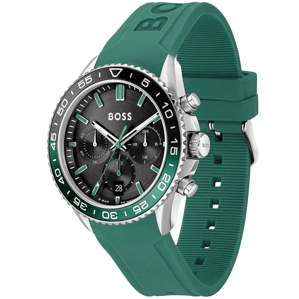 Hugo Boss Runner 1514246 Silver Case Black Dial Green Rubber Men's Watch