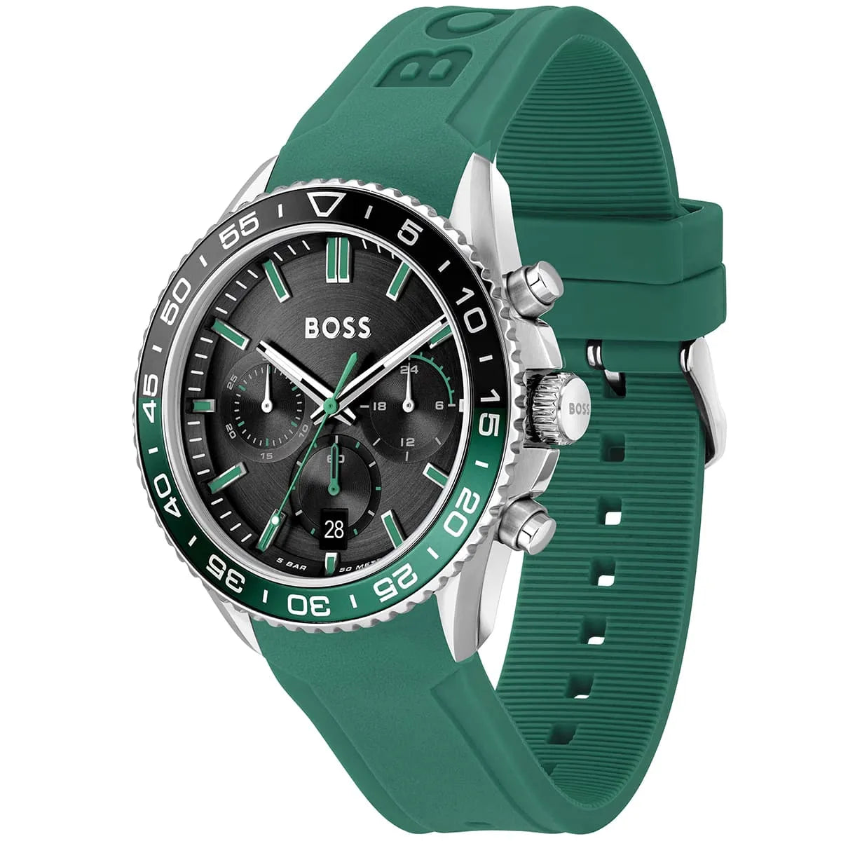 Hugo Boss Runner 1514246 Silver Case Black Dial Green Rubber Men's Watch
