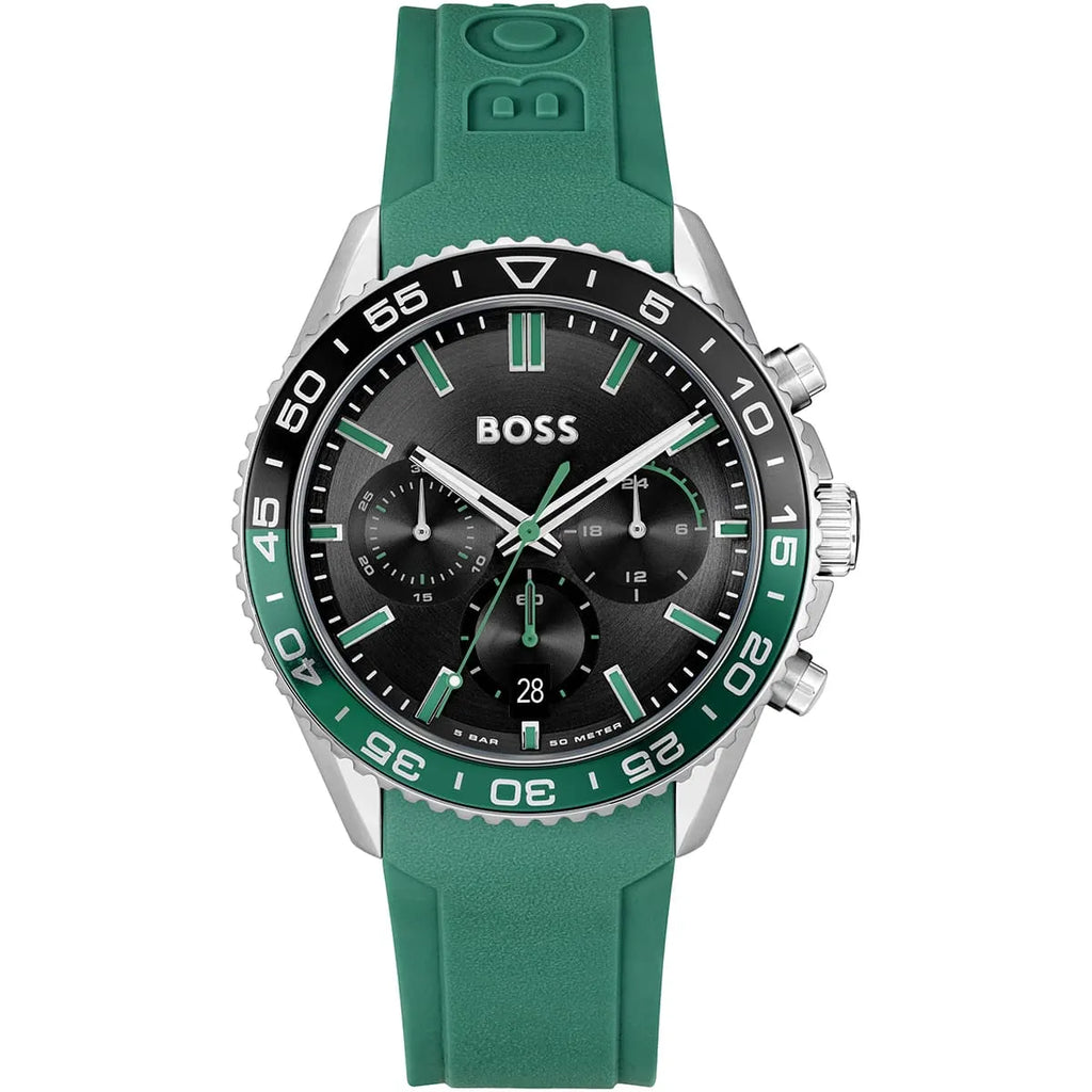 Hugo Boss Runner 1514246 Silver Case Black Dial Green Rubber Men's Watch