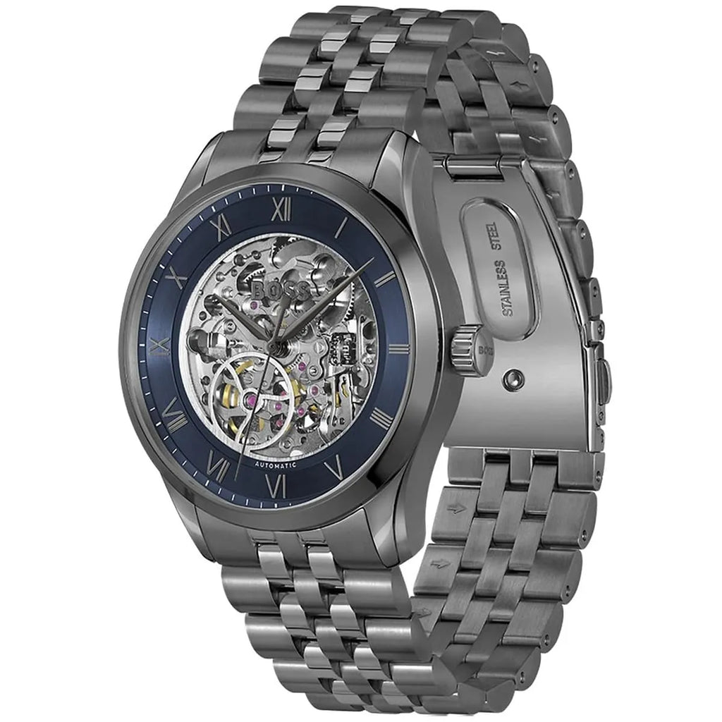 Hugo Boss Principle 1514254 Automatic Skeleton Blue Dial Gunmetal Stainless Steel Men's Watch