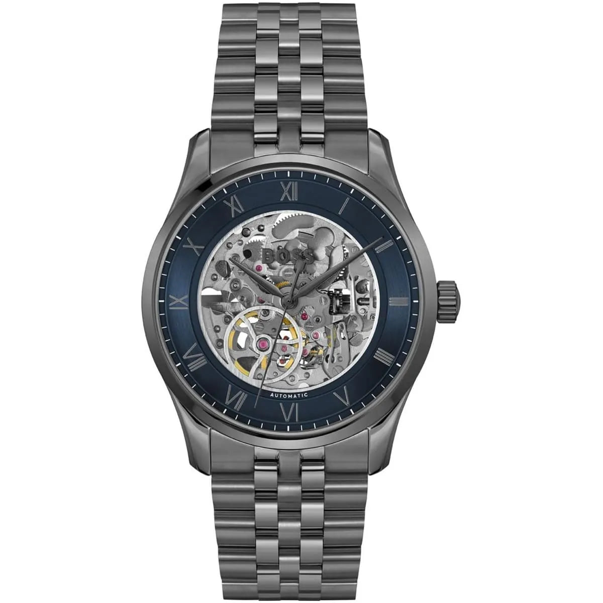 Hugo Boss Principle 1514254 Automatic Skeleton Blue Dial Gunmetal Stainless Steel Men's Watch