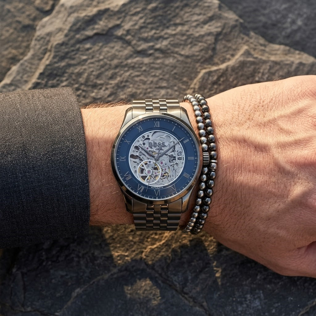 Hugo Boss Principle 1514254 Automatic Skeleton Blue Dial Gunmetal Stainless Steel Men's Watch