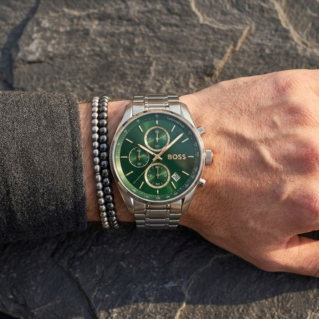 Hugo Boss Grand Prix 1514265 Chronograph Green Dial Silver Stainless Steel Men's Watch