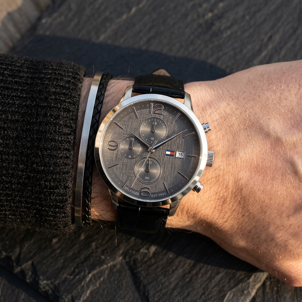 Tommy Hilfiger Liam 1710361 Silver Case Gray Dial Black Leather Men's Watch