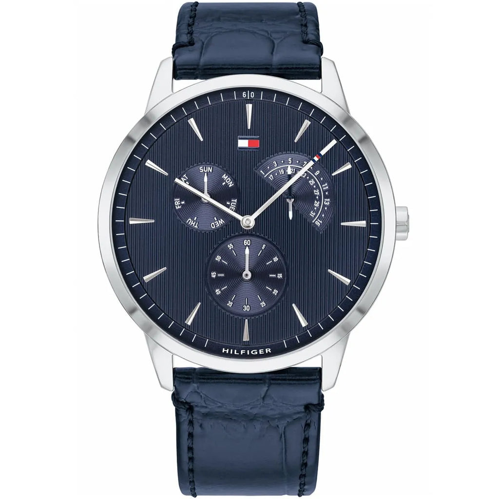 Tommy Hilfiger Brad 1710387 Silver Case Navy Blue Leather Strap Men's Watch