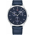 Tommy Hilfiger Brad 1710387 Silver Case Navy Blue Leather Strap Men's Watch
