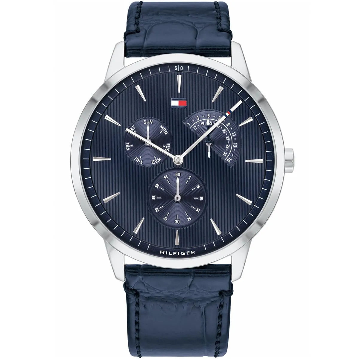 Tommy Hilfiger Brad 1710387 Silver Case Navy Blue Leather Strap Men's Watch