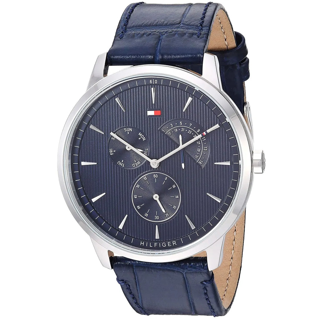 Tommy Hilfiger Brad 1710387 Silver Case Navy Blue Leather Strap Men's Watch