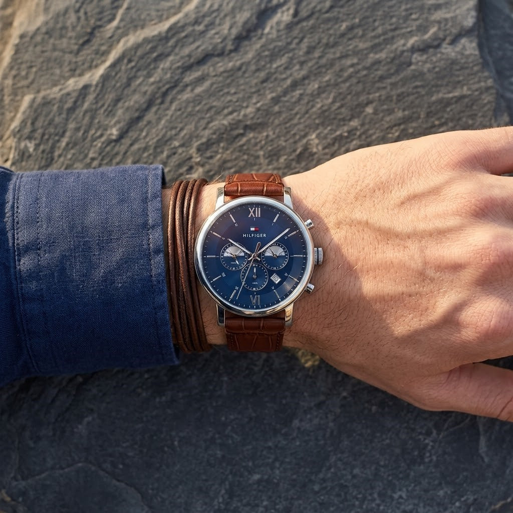1710393 Tommy Hilfiger Evan Men's Chronograph Watch - Blue Dial - Brown Leather Strap -