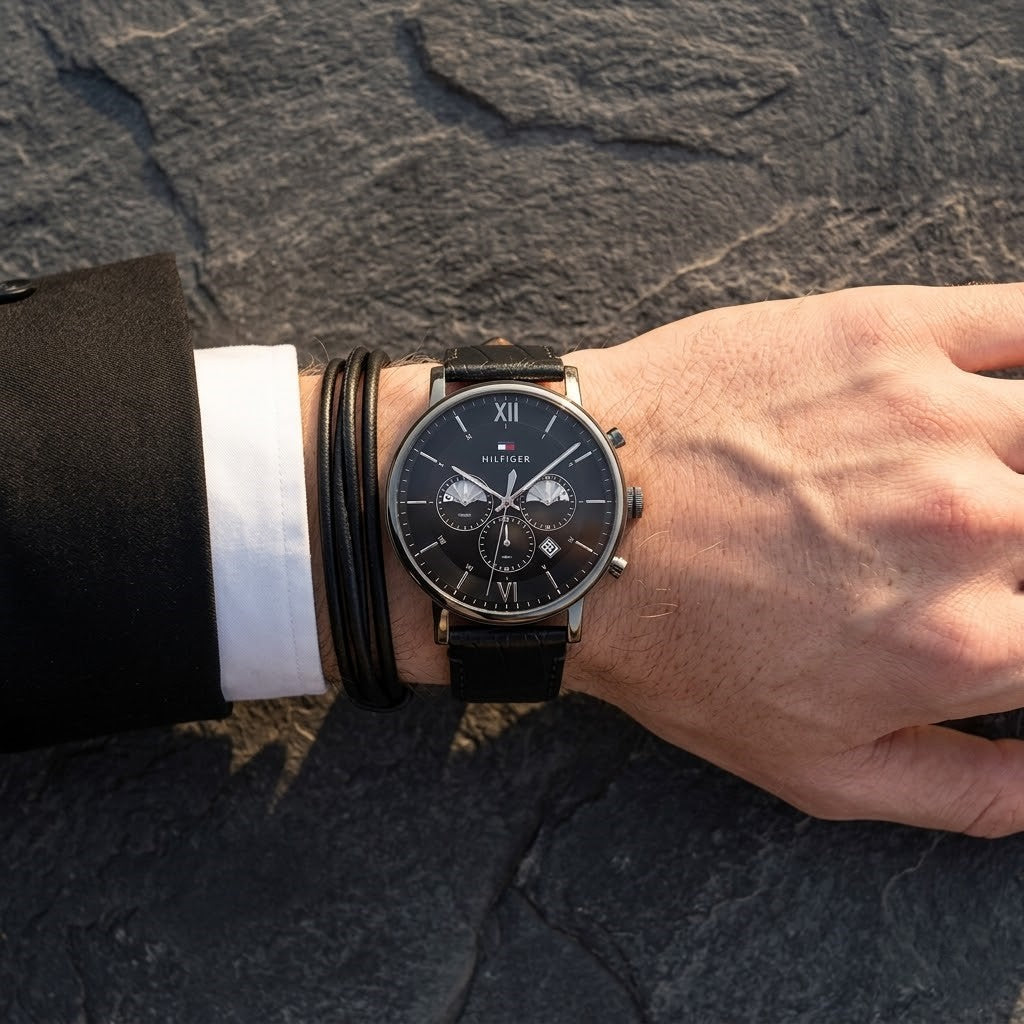 1710395 Tommy Hilfiger Evan Men's Chronograph Watch - Black Dial - Black Leather Strap -