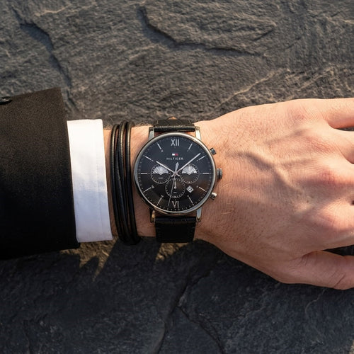 1710395 Tommy Hilfiger Evan Men's Chronograph Watch - Black Dial - Black Leather Strap -