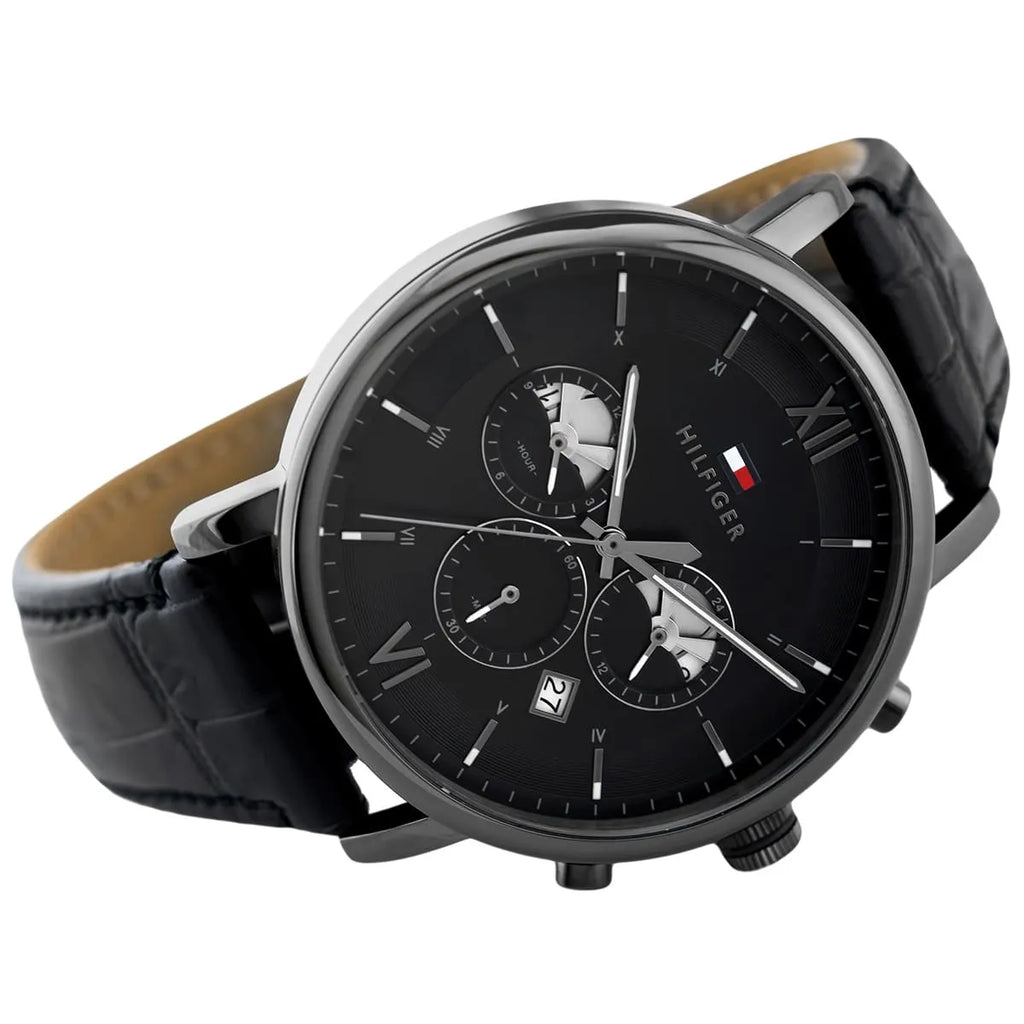 1710395 Tommy Hilfiger Evan Men's Chronograph Watch - Black Dial - Black Leather Strap -