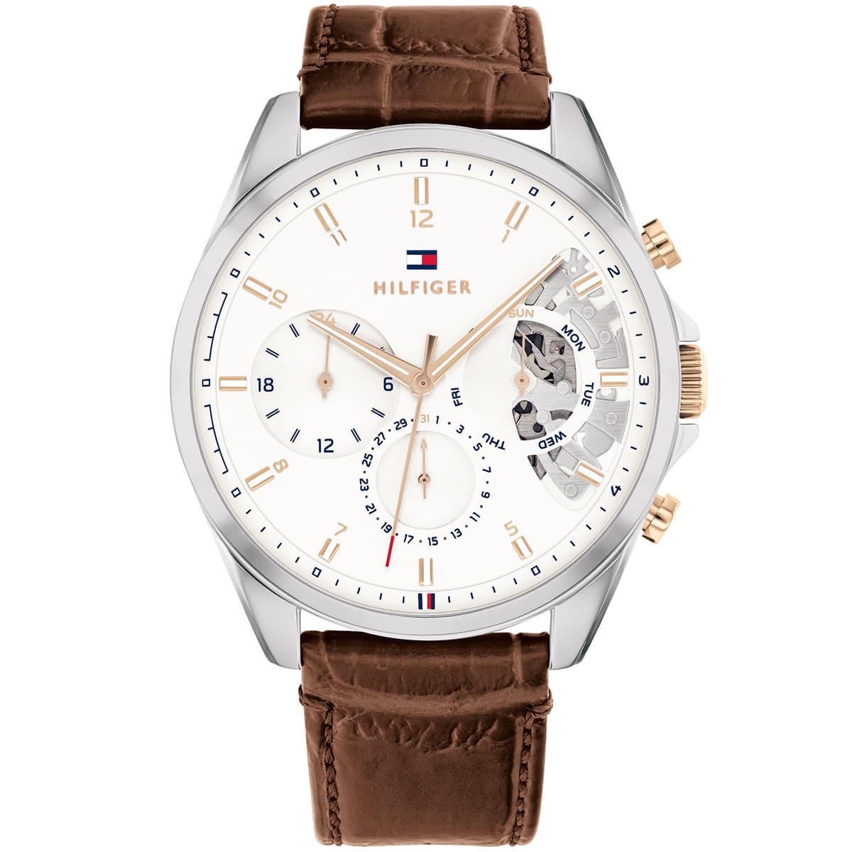 Tommy Hilfiger Baker 1710450 Silver Case White Semi-Skeleton Dial Brown Leather Men's Watch