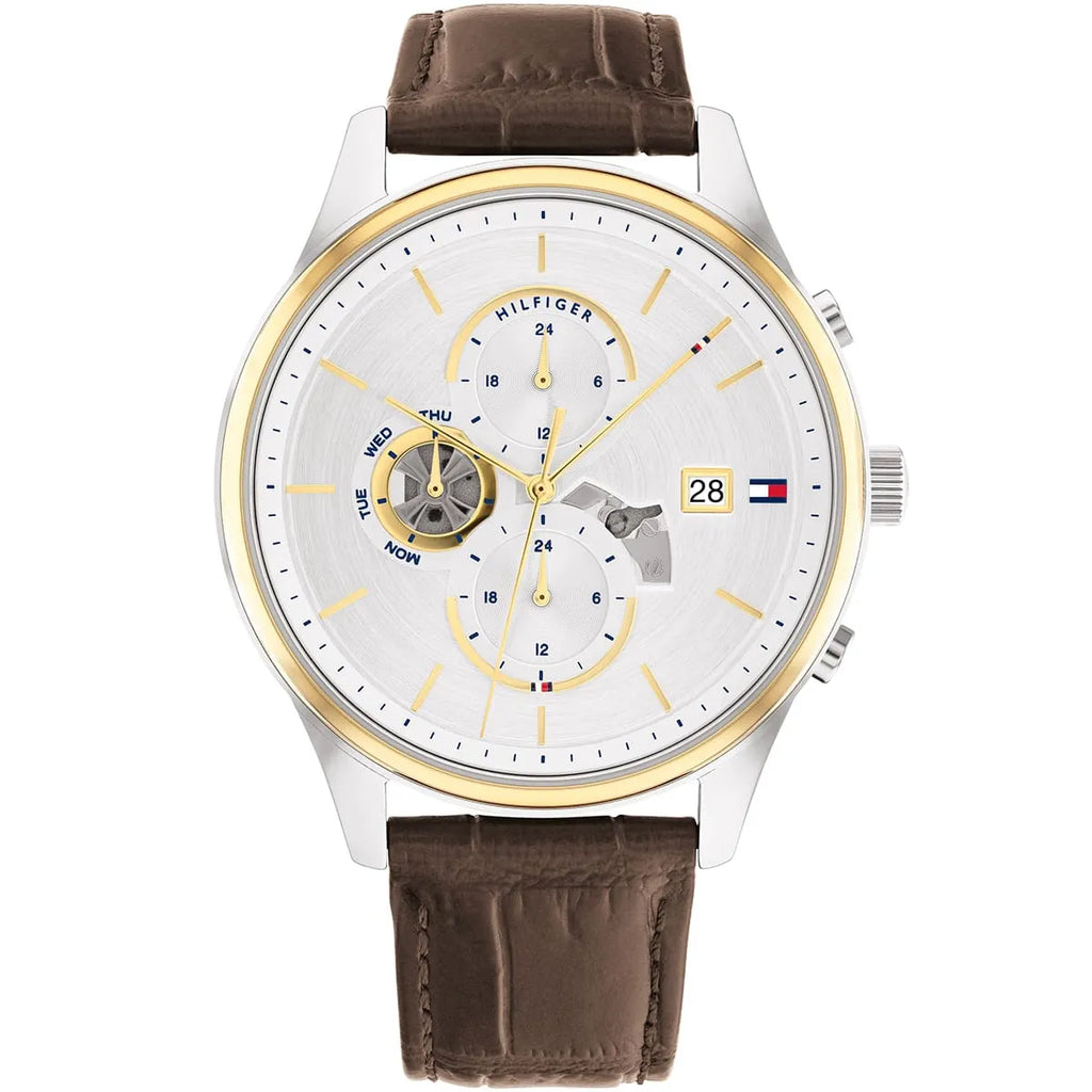 Tommy Hilfiger Weston 1710501 Two-Tone Silver Dial Men's Brown Leather Watch
