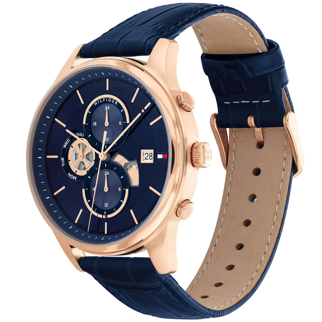 Tommy Hilfiger Weston 1710503 Rose Gold Tone Blue Dial Men's Blue Leather Watch