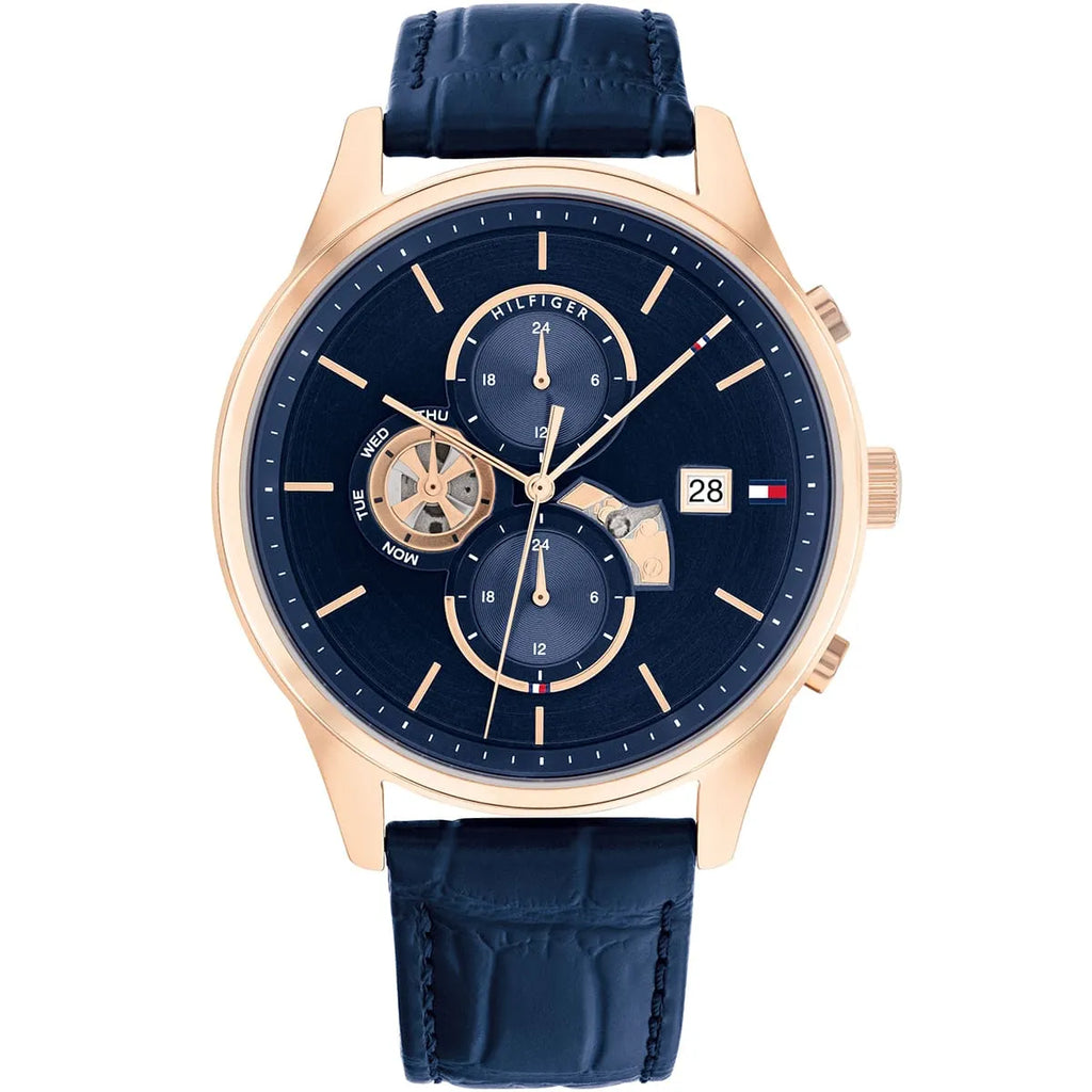 Tommy Hilfiger Weston 1710503 Rose Gold Tone Blue Dial Men's Blue Leather Watch