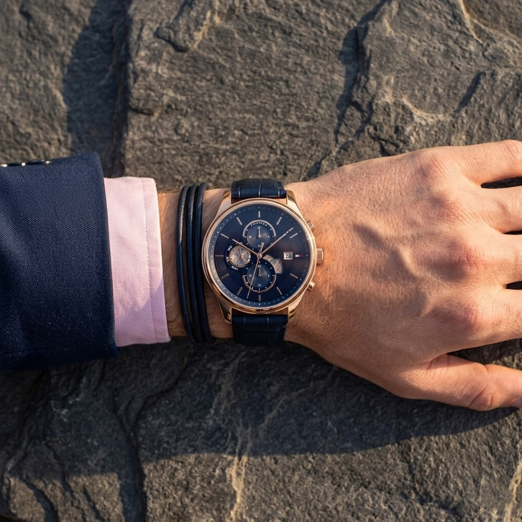 Tommy Hilfiger Weston 1710503 Rose Gold Tone Blue Dial Men's Blue Leather Watch