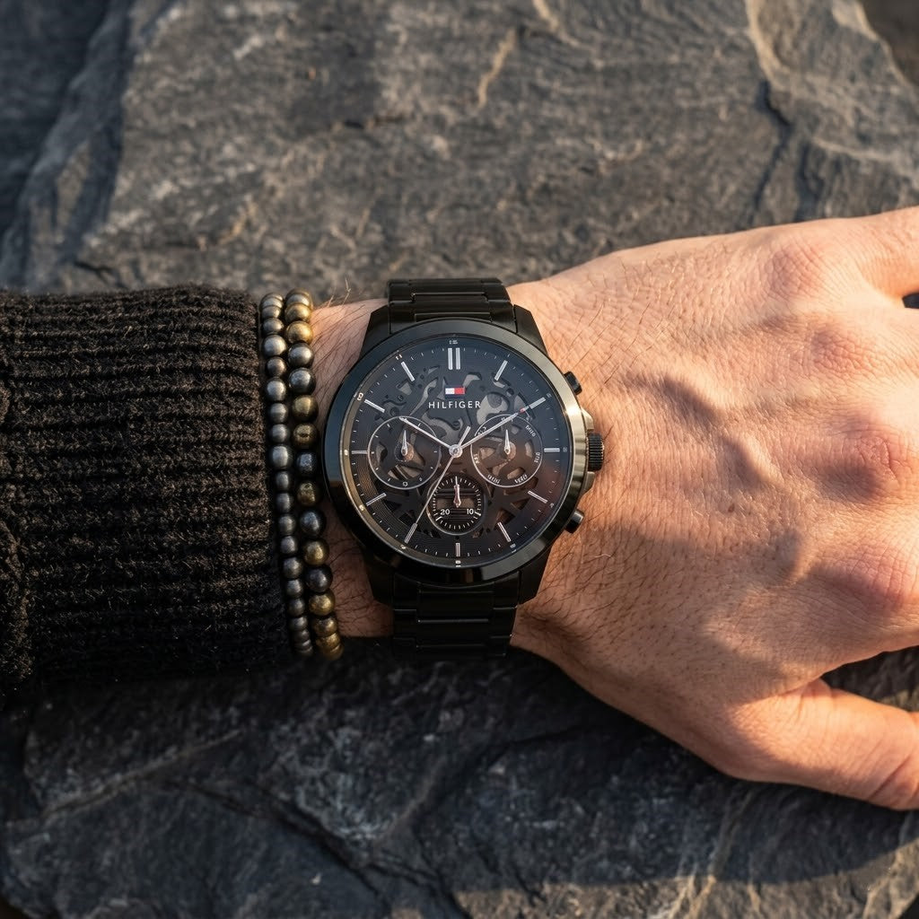 Tommy Hilfiger Henry 1710685 All Black Skeleton Dial Metal Men's Watch