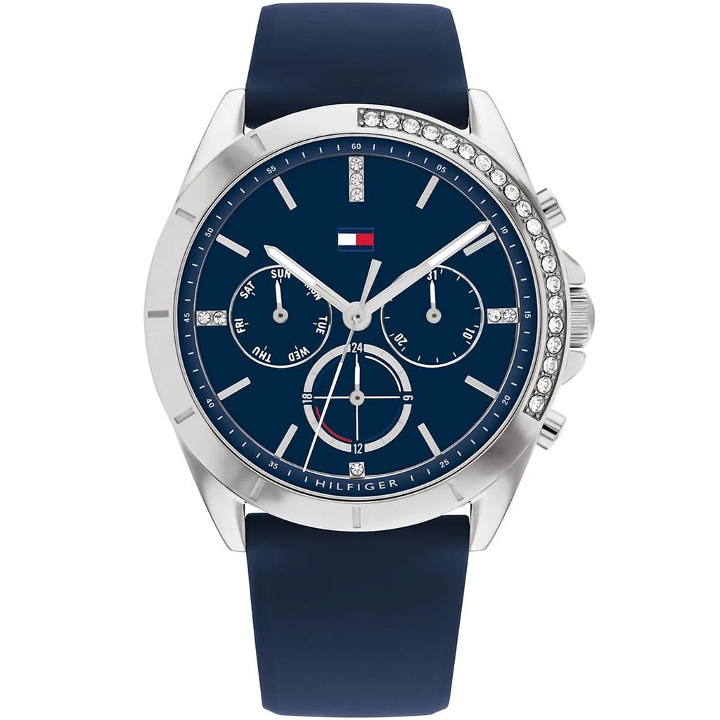 Tommy Hilfiger Kennedy 1782389 Silver Crystal Case Navy Blue Rubber Women's Watch