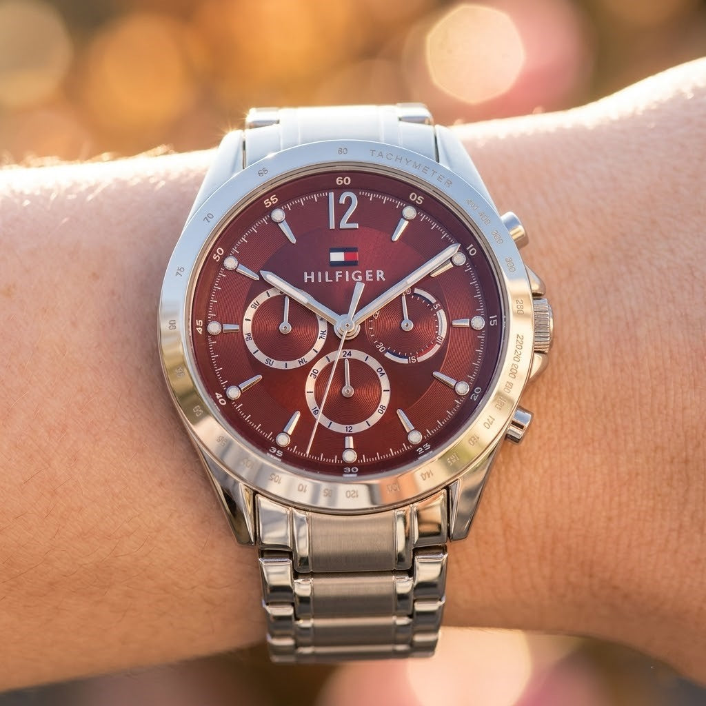 Tommy Hilfiger Kenzie 1782559 Multi-Function Red Dial Silver Stainless Steel Women's Watch