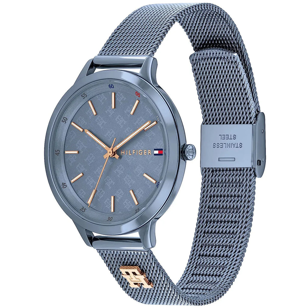 Tommy Hilfiger Iris 1782589 Slate Blue Mesh Rose Gold Accents Women's Watch