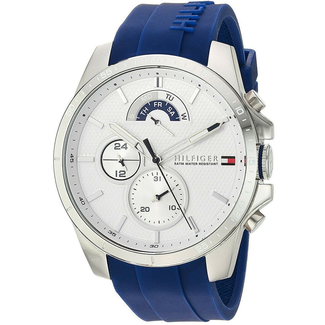 Tommy Hilfiger Decker 1791349 Silver Case White Dial Blue Rubber Men's Watch