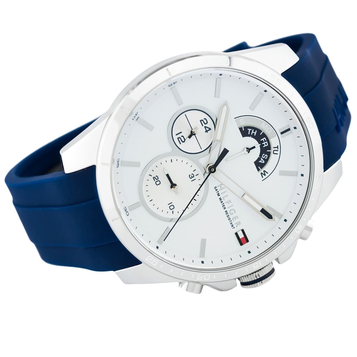 Tommy Hilfiger Decker 1791349 Silver Case White Dial Blue Rubber Men's Watch