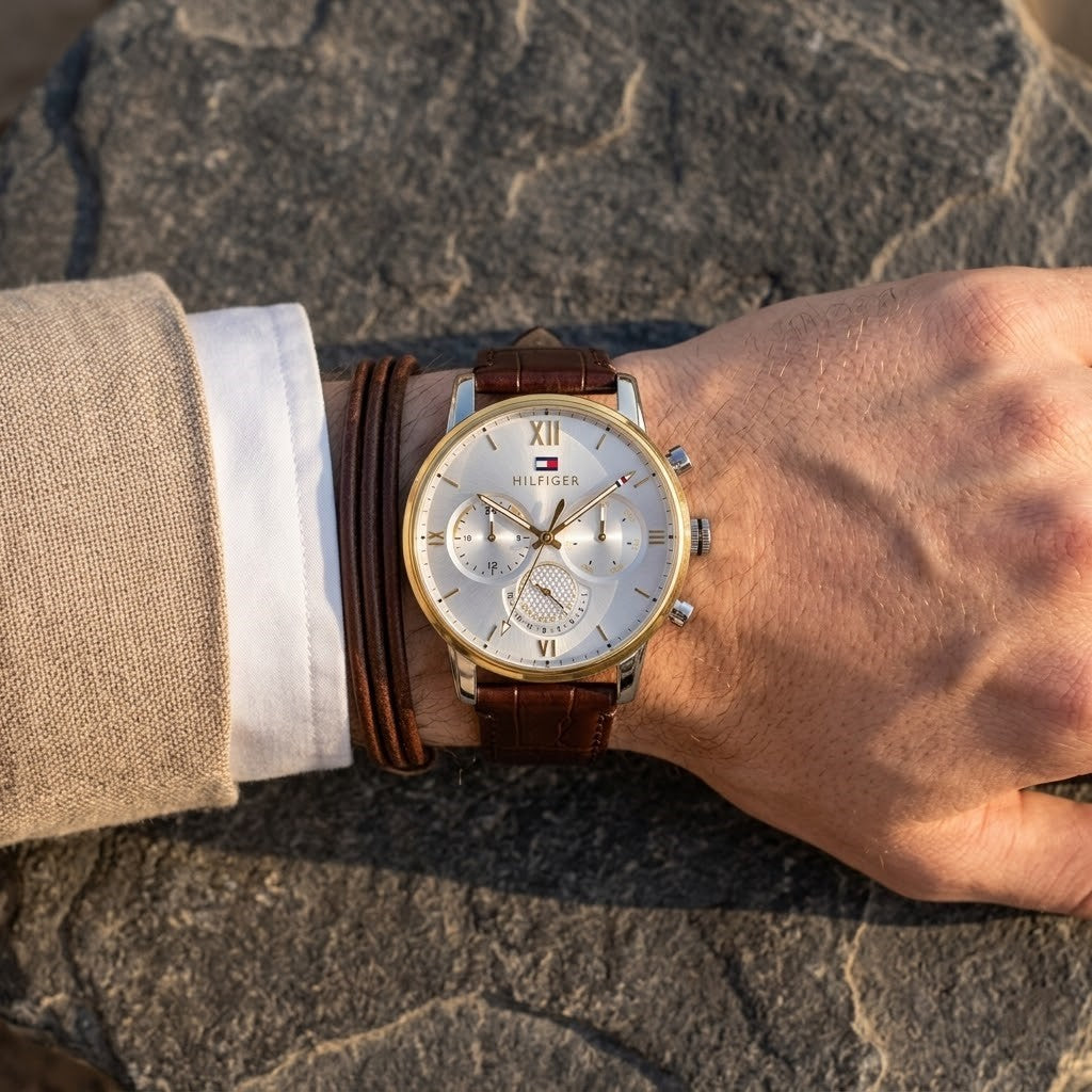 1791884 Tommy Hilfiger Sullivan Men's Chronograph Two-Tone Silver Case Brown Leather Strap Watch