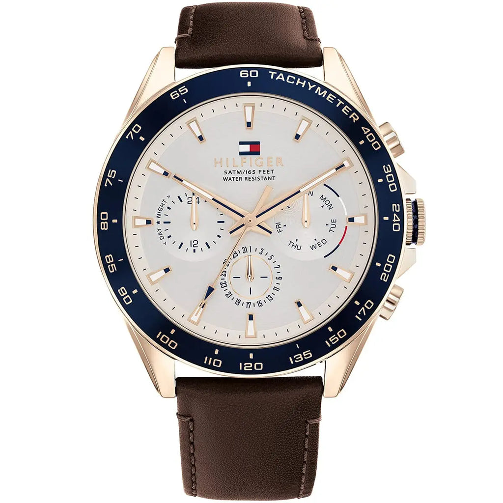 Tommy Hilfiger Damon 1791966 Multi-Function White Dial Men's Brown Leather Watch