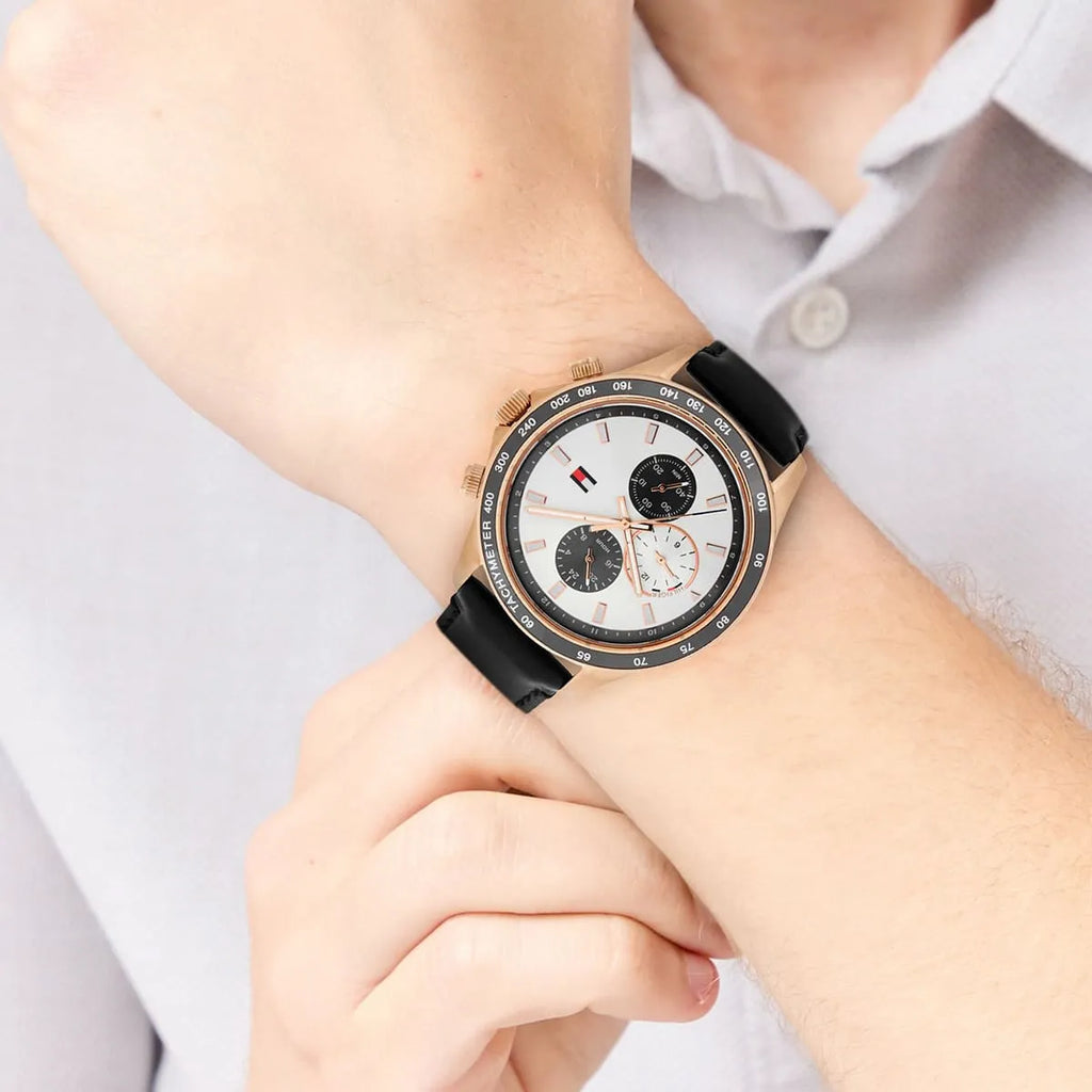 Tommy Hilfiger Miles 1792016 Silver Case White Dial Black Leather Men's Watch